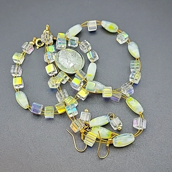 AB Cube & Givre Art Glass Necklace Bracelet and Earring Set Gold Tone Wire